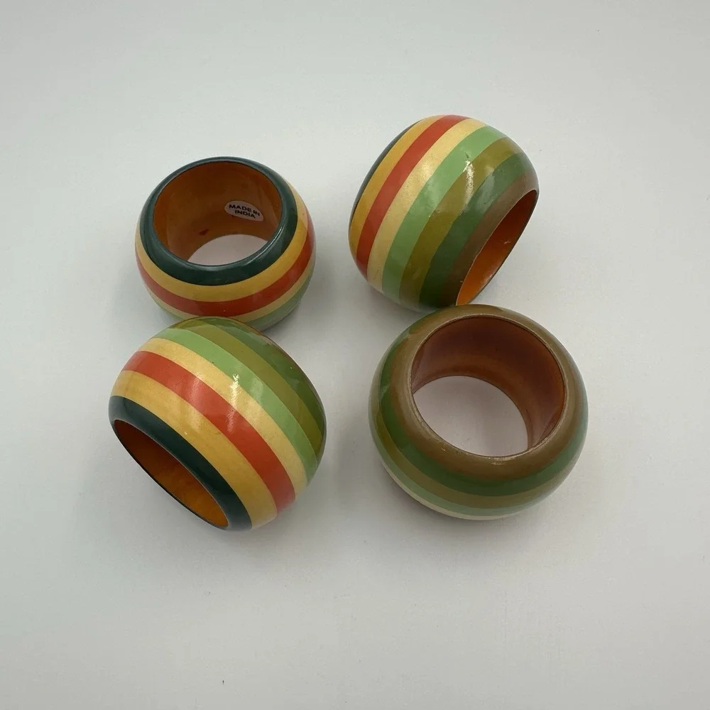 Vtg Pier 1 Striped Wood Lacquered Napkin Rings Set of 4 Made‎ In India